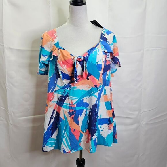 Loralette Blue Brushstroke Kata Print Tie Front Top Size 14 - Picture 3 of 14